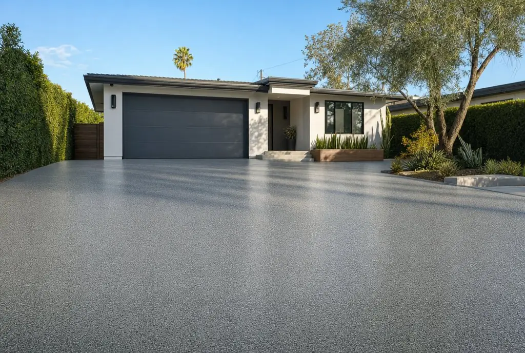Coated driveway in front of a modern home