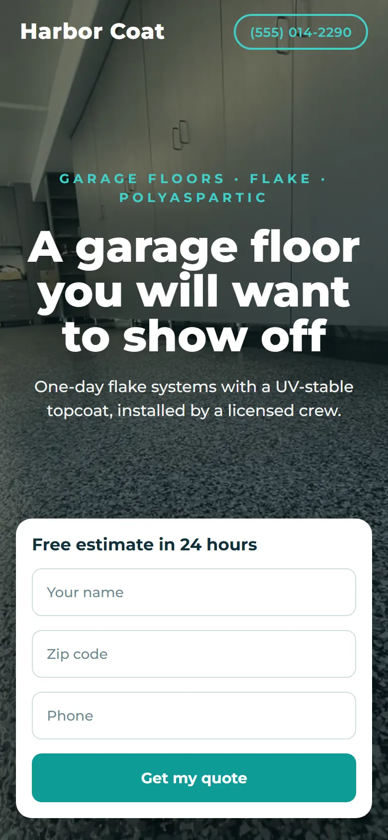Phone view of the sample website design Harbor Coat Floors