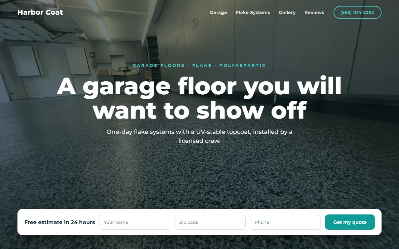 Sample website design for Harbor Coat Floors: Garage floors: full-photo hero with quote bar