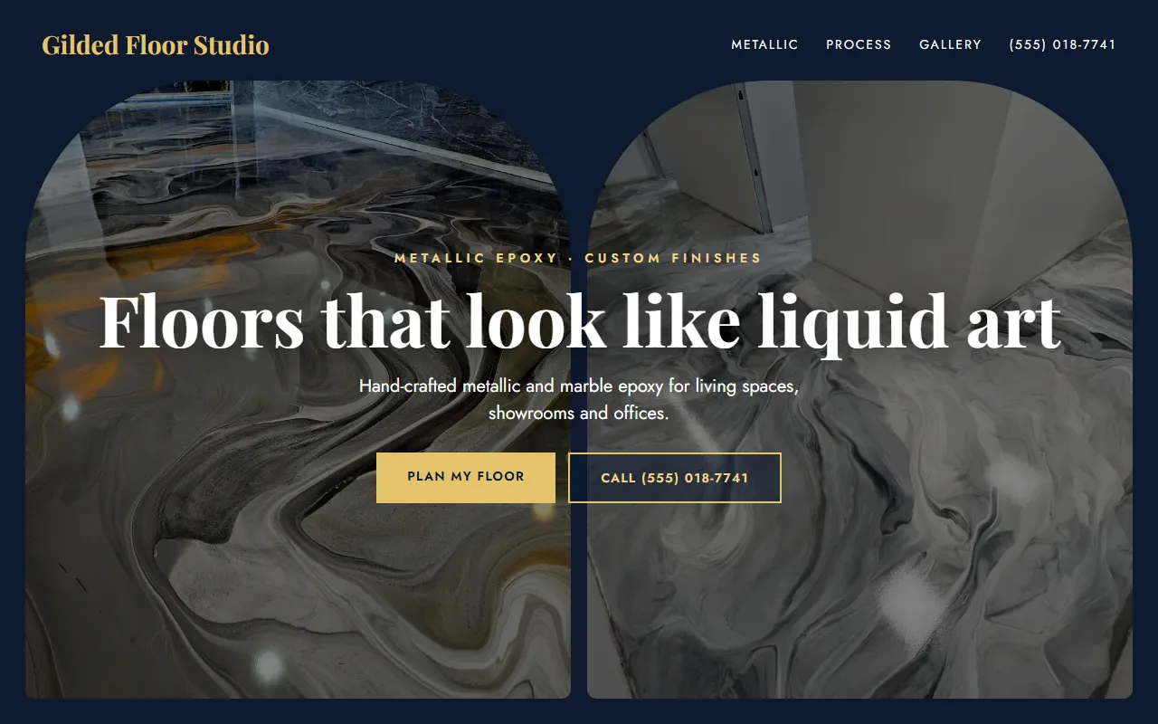 Sample website design for Gilded Floor Studio: Metallic epoxy: two-panel hero