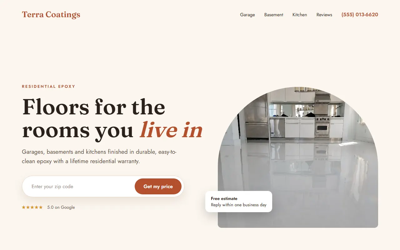 Sample website design for Terra Coatings: Residential epoxy: light editorial with zip-code form