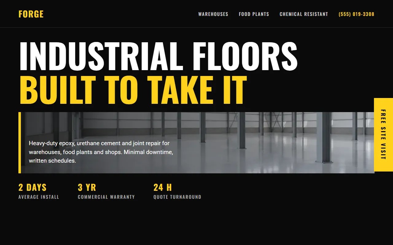 Sample website design for Forge Industrial Floors: Industrial floors: bold dark layout