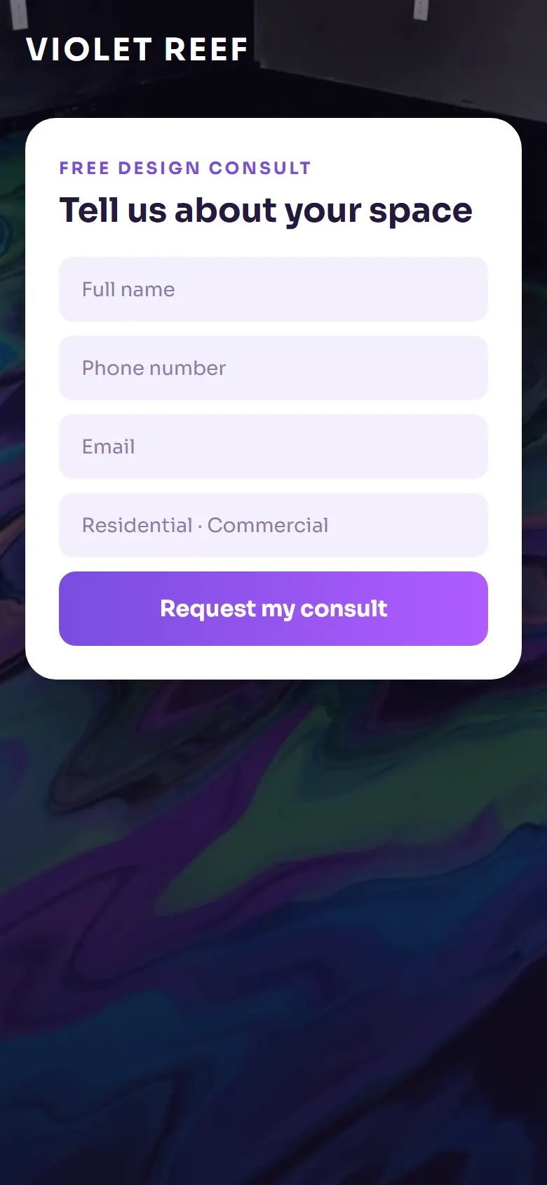Phone view of the sample website design Violet Reef Floors