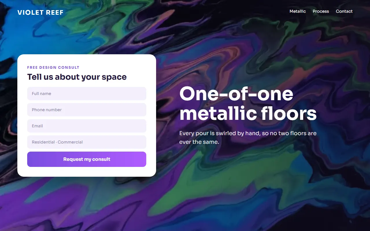 Sample website design for Violet Reef Floors: Designer metallic: form-first layout